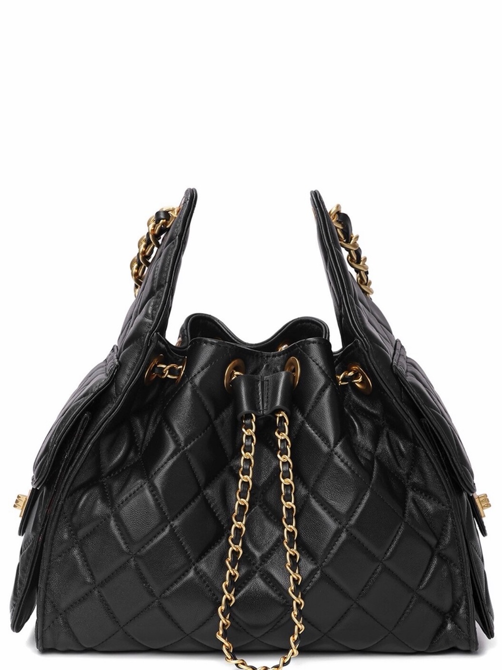 Luxury Quilted Black Drawstring Chain Shoulder Bag